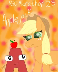 Size: 4000x5000 | Tagged: safe, artist:gingerdemonkitten666, derpibooru import, applejack, earth pony, pony, a, absurd resolution, alphabet lore, apple, applejack's hat, cowboy hat, crossover, duo, female, food, freckles, hat, image, looking at each other, looking at someone, male, mare, owo, png