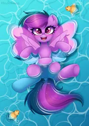 Size: 4500x6347 | Tagged: safe, artist:madelinne, derpibooru import, oc, oc:emilia starsong, unofficial characters only, pegasus, pony, dock, happy, image, looking at you, open mouth, open smile, pegasus oc, png, smiling, solo, swimming pool, tail, water, wet, wet mane, wings