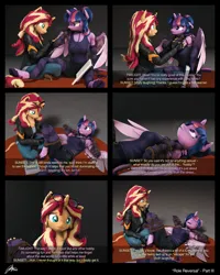 Size: 5184x6480 | Tagged: suggestive, artist:imafutureguitarhero, derpibooru import, sci-twi, sunset shimmer, twilight sparkle, twilight sparkle (alicorn), alicorn, anthro, unguligrade anthro, unicorn, comic:role reversal, series:twilight's sexual deviancy, 3d, 6 panel comic, absurd resolution, alicornified, arm fluff, arm freckles, armpit fluff, armpits, arms tied, bdsm, belt, bitchsuit, bondage, book, boots, cheek fluff, chest fluff, chest freckles, chromatic aberration, clothes, cloven hooves, collar, colored eyebrows, colored eyelashes, colored wings, comic, crossed legs, cute, denim, derpibooru exclusive, dialogue, domset, duo, duo female, ear fluff, ear freckles, evening gloves, eyebrows, eyes closed, female, femdom, femsub, film grain, fingerless elbow gloves, fingerless gloves, floppy ears, fluffy, fluffy hair, fluffy mane, fluffy tail, freckles, fur, glasses, glasses off, gloves, grin, hand on knee, hand on leg, happy, happy bondage, hoof boots, hoof fluff, horn, image, jacket, jeans, jpeg, laughing, leash, leather, leather boots, leather gloves, leather jacket, legs tied, leonine tail, long gloves, long hair, long mane, looking at each other, looking at someone, looking up, lying down, multicolored hair, multicolored mane, multicolored tail, neck fluff, nose wrinkle, offscreen character, on back, on floor, one ear down, open mouth, paintover, pants, peppered bacon, race swap, revamped anthros, revamped ponies, role reversal, rope, rope bondage, ropes, scitwilicorn, shibari, shimmerbetes, shirt, shoes, shorts, shoulder fluff, shoulder freckles, signature, sitting on floor, smiling, socks, source filmmaker, stage.bsp, stockings, striped gloves, striped socks, striped stockings, submissive, subtitles, tail, tail fluff, talking, tanktop, text, thigh highs, tongue out, twiabetes, twisub, two toned wings, tying, unshorn fetlocks, wall of tags, wavy mouth, wing fluff, wing freckles, wings