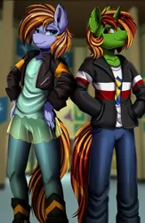 Size: 2490x3809 | Tagged: safe, artist:pridark, derpibooru import, oc, unofficial characters only, anthro, unicorn, canterlot high, clothes, commission, cosplay, costume, duo, equestria girls outfit, female, high res, horn, image, jacket, male, matching outfits, pants, png
