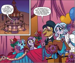 Size: 1578x1317 | Tagged: safe, artist:brendahickey, derpibooru import, idw, unnamed character, unnamed pony, earth pony, pony, unicorn, spoiler:comic, spoiler:comicff19, bride, bridesmaid, bridesmaid dress, clothes, dress, female, flower, hat, image, male, mare, marriage, png, smiling, stallion, wedding, wedding dress