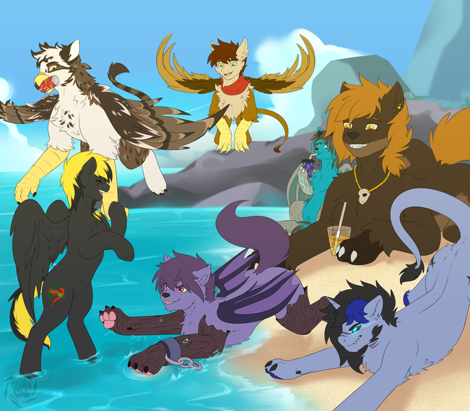 Size: 5000x4375 | Tagged: safe, artist:fkk, derpibooru import, oc, oc:anthonystone, oc:autumn birch, oc:bloo indigo, oc:nyn indigo, oc:ospreay, oc:shade demonshy, oc:swango, unofficial characters only, bat pony, gryphon, hippogriff, hybrid, original species, pegasus, pony, timber pony, timber wolf, unicorn, commission, female, image, male, mare, ocean, png, species swap, stallion, water