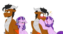 Size: 1862x1014 | Tagged: safe, artist:redxbacon, derpibooru import, starlight glimmer, oc, hybrid, pony, unicorn, blushing, canon x oc, commission, eyes closed, horn, image, kiss on the lips, kissing, png, shipping, simple background, surprised, white background
