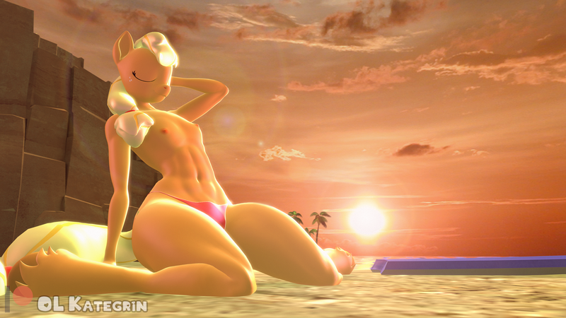 Size: 3840x2160 | Tagged: questionable, artist:olkategrin, derpibooru import, applejack, anthro, 3d, 3d model, abs, arm behind head, beach, belly button, bikini, board, breasts, bulges, butt, clothes, cloud, delicious flat chest, ears, evening, exhibitionism, eyes closed, female, flatjack, hooves, image, large butt, messy, muscles, muscular female, nudity, ocean, palm tree, panties, partial nudity, png, ponytail, presenting, public nudity, rock, sand, sitting, sky, small breasts, solo, solo female, source filmmaker, spread legs, spreading, stupid sexy applejack, sun, sundown, sunset, swimsuit, tail, thick, thighs, thong swimsuit, thunder thighs, topless, tree, underwear, wallpaper, water, wide hips