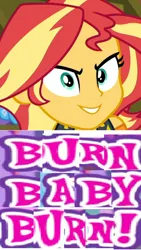 Size: 462x818 | Tagged: safe, derpibooru import, editor:horsesplease, sunset shimmer, equestria girls, >:d, burn baby burn, caption, disco inferno, evil grin, expand dong, exploitable meme, fiery shimmer, grin, image, image macro, meme, png, sinister smile, smiling, song reference, text, this will end in fire
