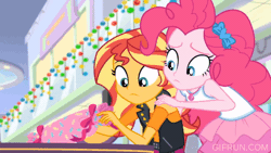 Size: 520x293 | Tagged: safe, derpibooru import, screencap, fluttershy, pinkie pie, sunset shimmer, equestria girls, equestria girls series, holidays unwrapped, spoiler:eqg series (season 2), animated, dashing through the mall, gif, image