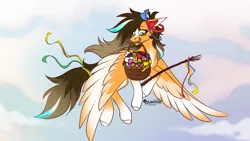 Size: 2559x1439 | Tagged: safe, artist:luzreal, derpibooru import, oc, pegasus, basket, czech republic, easter, easter egg, female, flying, holiday, image, mouth hold, png, solo