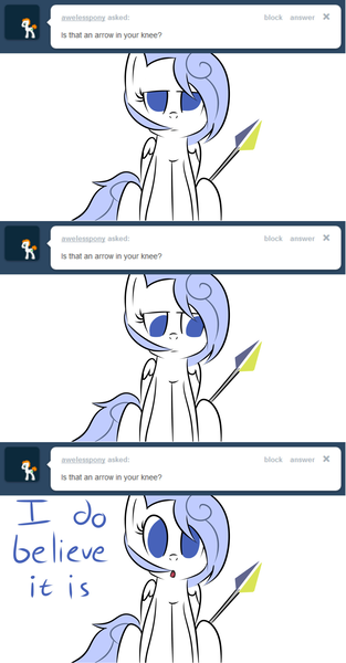 Size: 1280x2450 | Tagged: safe, artist:penguinpotential, derpibooru import, oc, oc:frigid drift, pegasus, pony, ask frigid drift, arrow, arrow in the knee (meme), female, image, mare, meme, png, skyrim, solo, the elder scrolls