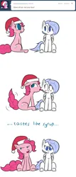 Size: 1280x3000 | Tagged: safe, artist:penguinpotential, derpibooru import, pinkie pie, pegasus, pony, ask frigid drift, blushing, christmas, female, hat, holiday, image, licking, mare, png, santa hat, tongue out