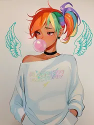 Size: 1920x2558 | Tagged: safe, artist:chloe dawn, derpibooru import, rainbow dash, human, bubblegum, choker, clothes, floating wings, food, gum, humanized, image, jpeg, off shoulder, off shoulder sweater, ponytail, solo, sweater, wings