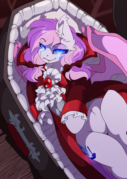 Size: 2480x3508 | Tagged: safe, artist:arctic-fox, derpibooru import, oc, oc:malina, unofficial characters only, bat pony, undead, vampire, vampony, bow, clothes, coffin, cosplay, costume, dracula, glow, glowing eyes, grin, hair bow, image, looking at you, lying down, on back, pigtails, png, smiling, solo