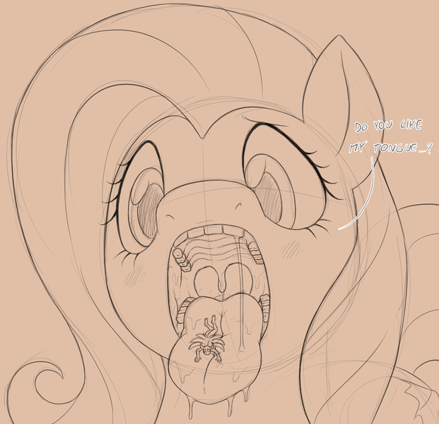 Size: 2004x1935 | Tagged: safe, artist:raccoonvandal, derpibooru import, fluttershy, oc, blushing, dialogue, drool, drool string, endosoma, esophagus, fetish, flutterpred, gentle pred, image, imminent vore, mawshot, non-fatal vore, open mouth, oral invitation, png, saliva puddle, salivating, sketch, slimy, squishy, taste buds, tongue matress, tongue out, uvula, vore