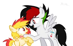 Size: 1296x808 | Tagged: safe, artist:kruvvv, derpibooru import, oc, unofficial characters only, pegasus, pony, base, base used, black background, black mane, crying, cutie mark, duo, female, filly, foal, happy, hoof hold, image, looking at each other, looking at someone, male, original character do not steal, paintbrush, pegasus oc, pegasus wings, png, red eyes, scared, simple background, spread wings, stallion, standing, surprised, tears of joy, white background, white coat, wings, yellow coat