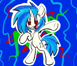 Size: 4134x3543 | Tagged: safe, artist:kruvvv, derpibooru import, vinyl scratch, pony, unicorn, black outlines, blue background, blue hair, blue mane, eyes open, female, happy, hoof hold, hooves, horn, image, light skin, mare, music, music notes, open mouth, png, raised hoof, red eyes, simple background, solo, solo female, standing, standing on two hooves, white coat