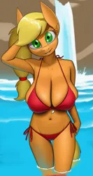 Size: 961x1800 | Tagged: suggestive, artist:creatiffy, derpibooru import, applejack, anthro, earth pony, arm behind head, belly, belly button, bikini, bikini bottom, bikini top, blonde, blonde hair, breast overpour, breasts, busty applejack, cleavage, clothes, ear fluff, ears, eyebrows, eyelashes, female, freckles, green eyes, hair tie, hatless, hips, image, looking at you, missing accessory, outdoors, png, red swimsuit, smiling, smiling at you, snout, solo, string bikini, swimsuit, tail, thighs, two-piece swimsuit, waist, water, waterfall