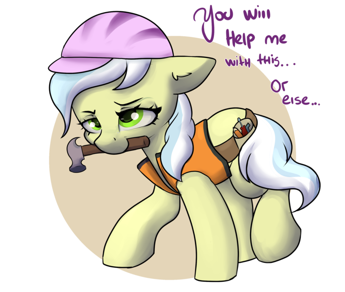 Size: 2600x2200 | Tagged: safe, artist:dumbwoofer, derpibooru import, ambrosia, cindy block, earth pony, pony, clothes, ear fluff, female, hammer, hard hat, hat, image, mare, mouth hold, png, simple background, solo, text, toolbelt, transparent background