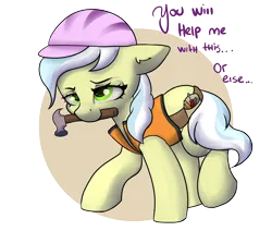 Size: 2600x2200 | Tagged: safe, artist:dumbwoofer, derpibooru import, ambrosia, cindy block, earth pony, pony, clothes, ear fluff, female, hammer, hard hat, hat, image, mare, mouth hold, png, simple background, solo, text, toolbelt, transparent background