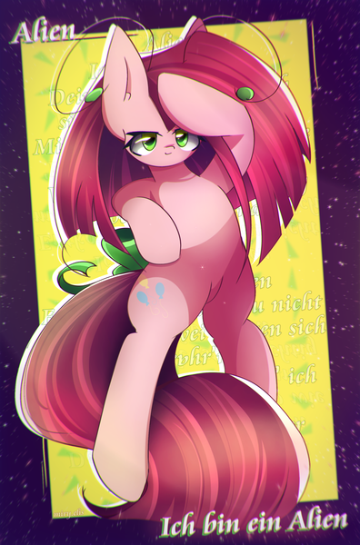 Size: 1750x2650 | Tagged: safe, artist:miryelis, derpibooru import, pinkie pie, alien, earth pony, pony, big ears, bow, cute, cuteamena, full body, green eyes, image, long hair, looking at you, pinkamena diane pie, png, smiling, smiling at you, solo, text