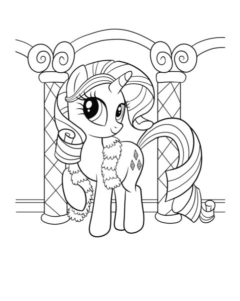 Size: 2480x3100 | Tagged: safe, derpibooru import, rarity, pony, unicorn, black and white, boa, closed mouth, coloring page, eyes open, feather boa, female, grayscale, hairband, image, jpeg, mare, monochrome, pillar, raised hoof, simple background, smiling, solo, white background