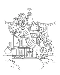 Size: 2480x3100 | Tagged: safe, derpibooru import, official, cloudchaser, flitter, pegasus, pony, banner, black and white, bunting, bush, closed mouth, coloring page, duo, duo female, female, flag, flying, grayscale, image, jpeg, mare, monochrome, open mouth, open smile, outdoors, ponyville town hall, rainbow, siblings, sisters, smiling