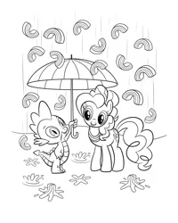 Size: 2480x3100 | Tagged: safe, derpibooru import, pinkie pie, spike, dragon, earth pony, pony, black and white, duo, duo male and female, female, grayscale, image, jewelry, jpeg, male, mare, monochrome, necklace, outdoors, rain, smiling, stock vector, umbrella