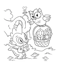 Size: 2480x3100 | Tagged: safe, derpibooru import, official, owlowiscious, spike, bird, owl, basket, beak, black and white, claw hold, coloring page, duo, duo male, flying, gem, grayscale, image, jpeg, licking, licking lips, male, monochrome, mushroom, open beak, open mouth, outdoors, pointing, simple background, slit pupils, tongue out, white background