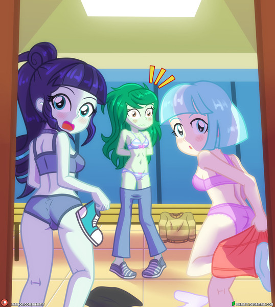 Size: 1750x1950 | Tagged: questionable, artist:dieart77, derpibooru import, coco pommel, coloratura, wallflower blush, human, equestria girls, bench, blushing, bra, clothes, clothes on floor, coloratur-ass, female, females only, image, jpeg, locker room, looking at you, panties, striped underwear, underwear, undressing, voyeurism