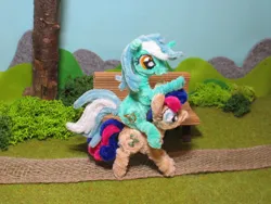 Size: 1280x961 | Tagged: safe, artist:malte279, derpibooru import, part of a set, bon bon, lyra heartstrings, sweetie drops, earth pony, pony, unicorn, bench, chenille, chenille stems, chenille wire, craft, food, image, irl, jpeg, part of a series, photo, pipe cleaner sculpture, pipe cleaners, riding