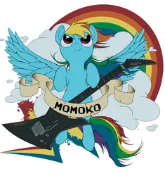 Size: 1417x1506 | Tagged: safe, artist:hydro-king, derpibooru import, rainbow dash, pony, banner, electric guitar, female, guitar, heavy metal, image, jpeg, musical instrument, rainbow, rock (music), solo