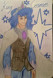 Size: 600x885 | Tagged: safe, artist:glaceonfrozen, derpibooru import, oc, oc:king cosmos, human, celestia and luna's father, clothes, cutie mark, humanized, image, jpeg, looking at you, male, smiling, smiling at you, solo, stars, traditional art