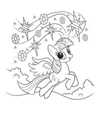 Size: 2480x3100 | Tagged: safe, derpibooru import, official, twilight sparkle, twilight sparkle (alicorn), alicorn, pony, black and white, bush, coloring page, female, flying, gem, grayscale, image, jpeg, mare, monochrome, outdoors, simple background, solo, sparkles, spread wings, white background, wings