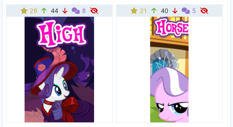 Size: 1080x589 | Tagged: safe, derpibooru import, screencap, diamond tiara, rarity, pony, unicorn, derpibooru, twibooru, equestria (font), female, gameloft, high horse, image, juxtaposition, juxtaposition win, mare, meme, meta, png, pun, text, visual pun, wow! glimmer