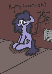 Size: 397x563 | Tagged: safe, artist:castafae, derpibooru import, oc, oc:concord grape, pony, robot, robot pony, female, image, lidded eyes, png, robotic arm, sitting, solo