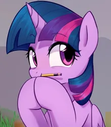 Size: 896x1024 | Tagged: safe, artist:maren, artist:vladpastermlp, derpibooru import, edit, twilight sparkle, twilight sparkle (alicorn), alicorn, pony, eyebrows, eyebrows visible through hair, female, grass, hooves together, image, jpeg, mare, mouth hold, pencil, pencil in mouth
