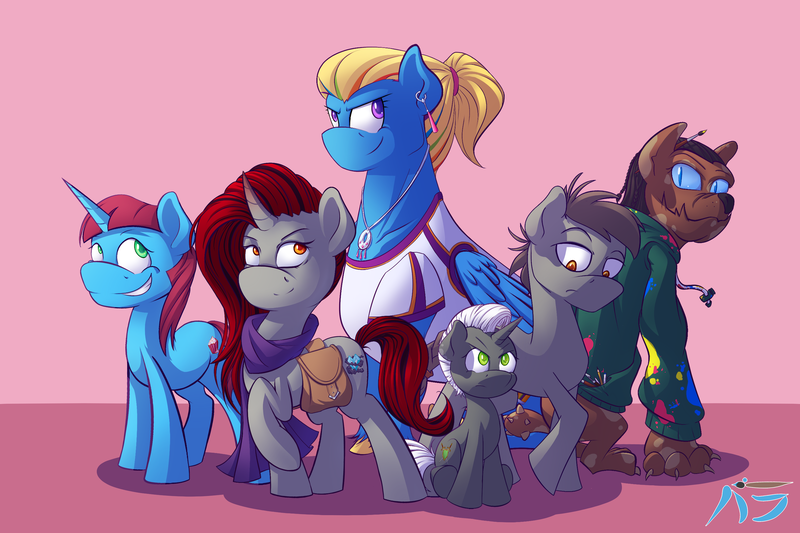 Size: 3000x2000 | Tagged: safe, artist:lordvaltasar, derpibooru import, oc, oc:cupcake sprinkles, oc:mica chip, oc:obsidian, oc:stalwart stance, oc:thunderclap dash, unofficial characters only, diamond dog, earth pony, pegasus, pony, unicorn, fanfic:kruchość obsydianu, fanfic:obsidian: daughter of sombra, bag, clothes, ear piercing, earring, female, hoodie, image, jewelry, male, mare, necklace, parent:king sombra, parent:maud pie, parent:pinkie pie, parent:rainbow dash, piercing, png, saddle bag, stallion