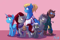 Size: 3000x2000 | Tagged: safe, artist:lordvaltasar, derpibooru import, oc, oc:cupcake sprinkles, oc:mica chip, oc:obsidian, oc:stalwart stance, oc:thunderclap dash, unofficial characters only, diamond dog, earth pony, pegasus, pony, unicorn, fanfic:kruchość obsydianu, fanfic:obsidian: daughter of sombra, bag, clothes, ear piercing, earring, female, hoodie, image, jewelry, male, mare, necklace, parent:king sombra, parent:maud pie, parent:pinkie pie, parent:rainbow dash, piercing, png, saddle bag, stallion