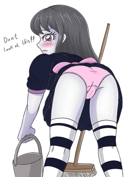 Size: 3184x4096 | Tagged: suggestive, artist:sumin6301, derpibooru import, edit, octavia melody, equestria girls, ass, bent over, black hair, black skirt, blushing, blushing profusely, breasts, broom, bucket, busty octavia melody, butt, clothes, dialogue, dress, embarrassed, embarrassed underwear exposure, female, hand, holding, holding bucket, image, jpeg, legs, looking at you, looking back, looking back at you, maid, octamaid, panties, panties edit, pink panties, pink underwear, punk bow, purple eyes, scrub brush, simple background, skirt, skirt lift, socks, solo, solo female, speech, standing, striped socks, stupid sexy octavia, talking, text, thighs, treblebutt, underwear, underwear edit, upskirt, white background, white socks