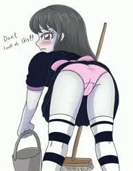 Size: 3184x4096 | Tagged: suggestive, artist:sumin6301, derpibooru import, edit, octavia melody, equestria girls, ass, bent over, black hair, black skirt, blushing, blushing profusely, breasts, broom, bucket, busty octavia melody, butt, clothes, dialogue, dress, embarrassed, embarrassed underwear exposure, female, hand, holding, holding bucket, image, jpeg, legs, looking at you, looking back, looking back at you, maid, octamaid, panties, panties edit, pink panties, pink underwear, punk bow, purple eyes, scrub brush, simple background, skirt, skirt lift, socks, solo, solo female, speech, standing, striped socks, stupid sexy octavia, talking, text, thighs, treblebutt, underwear, underwear edit, upskirt, white background, white socks