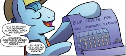 Size: 1590x709 | Tagged: safe, artist:agnesgarbowska, derpibooru import, idw, unnamed character, unnamed pony, earth pony, pony, spoiler:comic, spoiler:comic47, blueprint, comic, female, image, male, mare, official comic, png, speech bubble, stallion