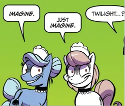 Size: 613x522 | Tagged: safe, artist:andypriceart, derpibooru import, idw, twilight sparkle, twilight sparkle (alicorn), unnamed character, unnamed pony, alicorn, earth pony, pony, chaos theory (arc), spoiler:comic, spoiler:comic48, accord (arc), clothes, creepy, creepy smile, hive mind, image, maid, mind control, part the first: from chaos comes order, png, rapeface, smiling