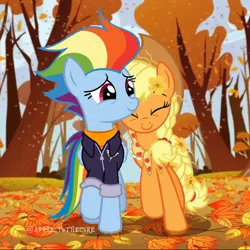 Size: 1080x1080 | Tagged: safe, derpibooru import, applejack, rainbow dash, earth pony, pegasus, pony, appledash, autumn, female, image, jpeg, lesbian, older, older applejack, older rainbow dash, shipping