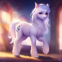 Size: 768x768 | Tagged: safe, derpibooru import, machine learning generated, stable diffusion, oc, unofficial characters only, earth pony, pony, ai content, backlighting, blue eyes, blurry background, blushing, building, earth pony oc, female, fetlock tuft, full body, generator:purplesmart.ai, grass, hoof fluff, image, jpeg, looking at you, mare, night, night sky, raised hoof, sky, smiling, smiling at you, solo, standing, subsurface scattering, tail, unshorn fetlocks, white coat, white mane, white tail, window