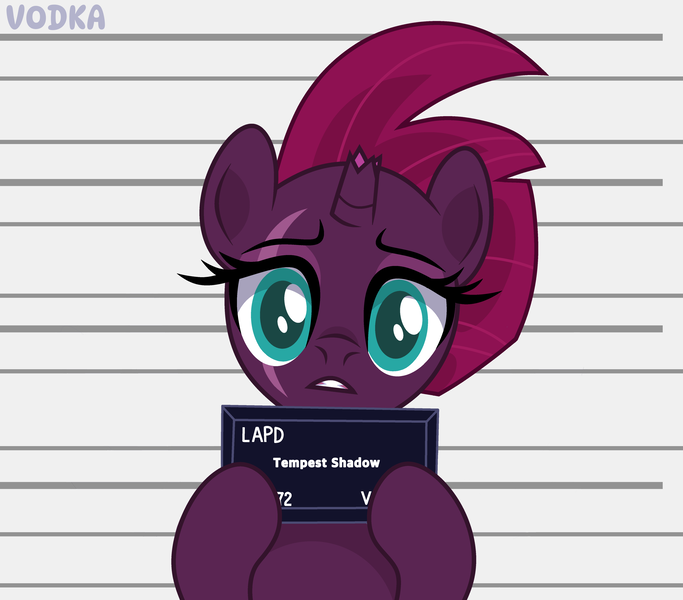 Size: 4813x4230 | Tagged: safe, artist:c1trine, artist:olivi, derpibooru import, tempest shadow, pony, unicorn, absurd resolution, barbie, barbie (film), barbie mugshot meme, base used, broken horn, commission, derpibooru exclusive, eyeshadow, female, gritted teeth, horn, image, makeup, mare, meme, mugshot, png, raised hoof, solo, teeth, ych result