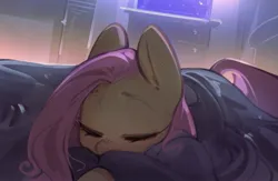 Size: 2255x1468 | Tagged: safe, artist:mirroredsea, derpibooru import, fluttershy, pegasus, pony, bed, cute, eyes closed, female, image, jpeg, mare, on bed, shyabetes, sleeping, solo, under the covers