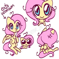 Size: 1280x1280 | Tagged: safe, artist:b3ar_mp3, derpibooru import, fluttershy, pegasus, pony, autism creature, chibi, cross-popping veins, cute, emanata, female, folded wings, image, looking at you, looking up, looking up at you, no talk me im angy, png, shyabetes, simple background, sitting, smiling, solo, white background, wings