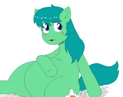 Size: 1062x838 | Tagged: safe, artist:unawarey, derpibooru import, oc, oc:mabel, unofficial characters only, earth pony, pony, belly, big belly, blushing, female, image, mare, open mouth, png, simple background, sitting, solo, tail, white background