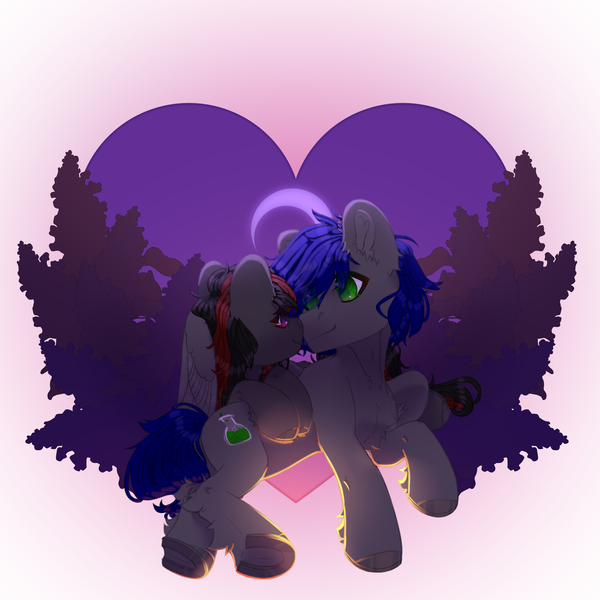Size: 2500x2500 | Tagged: safe, alternate version, artist:medkit, derpibooru import, oc, oc:mb midnight breeze, oc:se solar eclipse, unofficial characters only, pegasus, pony, adam's apple, black and red mane, blue mane, blue tail, boop, chest fluff, colored eyelashes, colored hooves, colored pupils, colored sketch, colored wings, commission, complex background, crescent moon, duo, duo male and female, ear fluff, ears up, eye clipping through hair, eyebrows, eyebrows visible through hair, eyelashes, feathered wings, female, folded wings, gray coat, green eyes, hair over one eye, heart shaped, high res, hoof fluff, hug, image, lilac flowers, long mane, long tail, looking at each other, looking at someone, love, lying down, male, mare, moon, oc x oc, paint tool sai 2, pair, partially open wings, pegasus oc, png, pony oc, shipping, short mane, short tail, silhouette, simple background, sketch, smiling, smiling at each other, stallion, sternocleidomastoid, striped mane, sunlight, sunset, tail, two toned mane, wall of tags, white background, winghug, wings