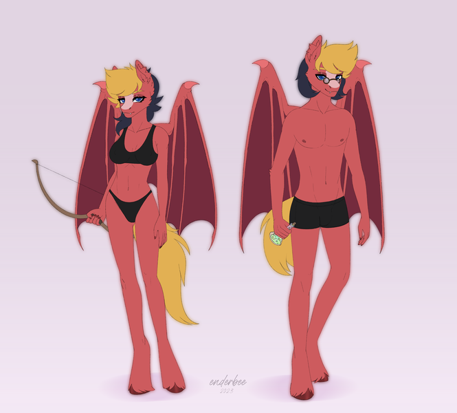 Size: 2935x2647 | Tagged: suggestive, alternate version, artist:enderbee, derpibooru import, oc, oc:sly sunder, oc:stygian spell, unofficial characters only, anthro, bat pony, pony, unguligrade anthro, black panties, bow (weapon), clothes, duo, fangs, fantasy, female, femboy, glasses, image, male, mare, png, potion, siblings, stallion, twins, underwear, unshorn fetlocks