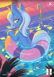 Size: 1448x2048 | Tagged: safe, artist:musicfirewind, derpibooru import, trixie, pony, unicorn, image, inner tube, jpeg, looking at you, looking back, looking back at you, pool toy, solo, swimming, swimming pool, water