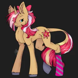 Size: 1249x1252 | Tagged: safe, artist:louarthur8, derpibooru import, pony, unicorn, black background, bow, clothes, eyepatch, female, frown, fusion, fusion:sunset shimmer, hair bow, hair over one eye, helluva boss, image, jpeg, leonine tail, mare, signature, simple background, socks, solo, striped socks, tail, vaggie